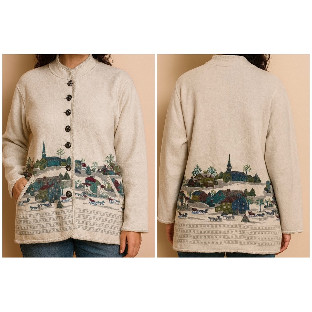 VTG GEIGER W Lrge Village Winter Christmas Scene Button Up Cardigan/jacket Horse